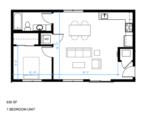 Floor plan for 1 bed, 1 bath, 635 sqft